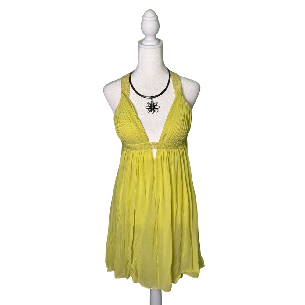 Vintage Y2K Cache Beaded Cocktail Dress Lemon Lime Women's Size 2 Deep V-Neck